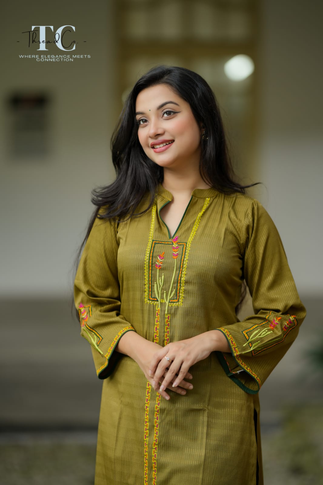 Olive Meadow light green traditional kurti style - Thread Co.