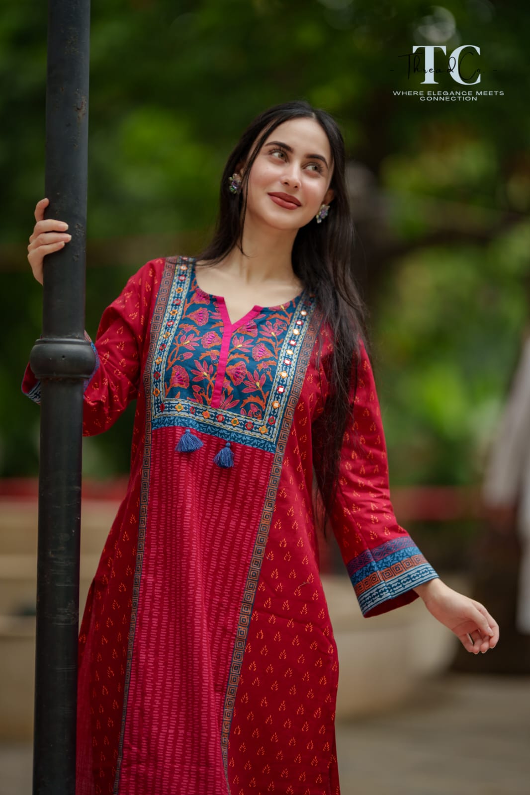 Ruby Bloom red floral kurti worn by customer - Thread Co.